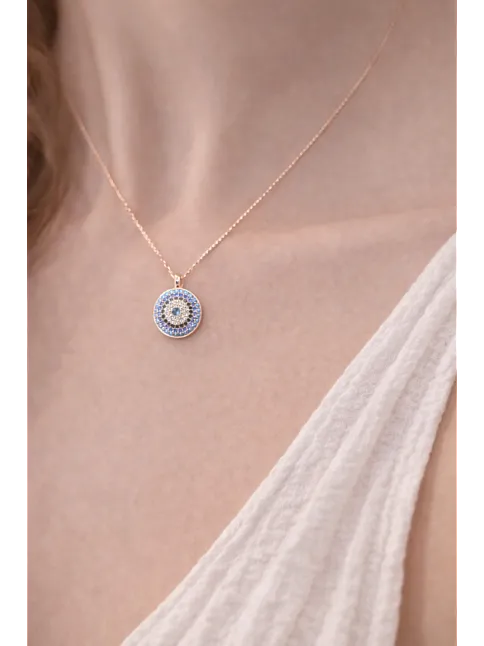 Kadın Kolye Yüzük Set - Rose Kaplama Nazar Boncuğu Motifli Kadın Set