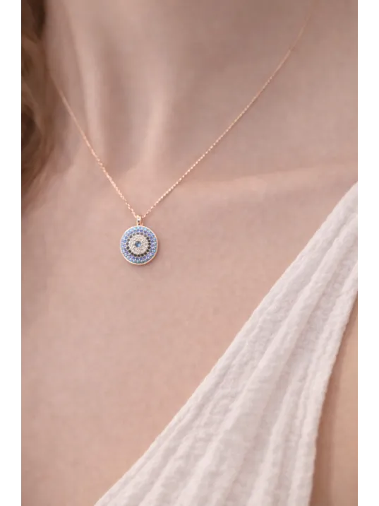 Kadın Kolye Yüzük Set - Rose Kaplama Nazar Boncuğu Motifli Kadın Set