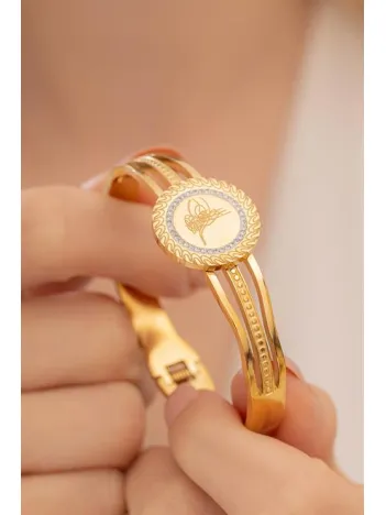 Kadın Bileklik-22 Ayar Gerçek Altın Kaplama(Kararmaz) ÇelikKadın Kelepçe- Tuğra İşlemeli Zirkon Pırlanta