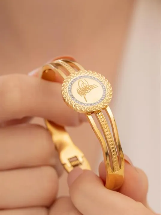 Kadın Bileklik-22 Ayar Gerçek Altın Kaplama(Kararmaz) ÇelikKadın Kelepçe- Tuğra İşlemeli Zirkon Pırlanta