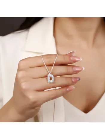 Kadın Gümüş Kolye - D Harfi Zirkon Taşlı Balon Harf Kadın Kolye