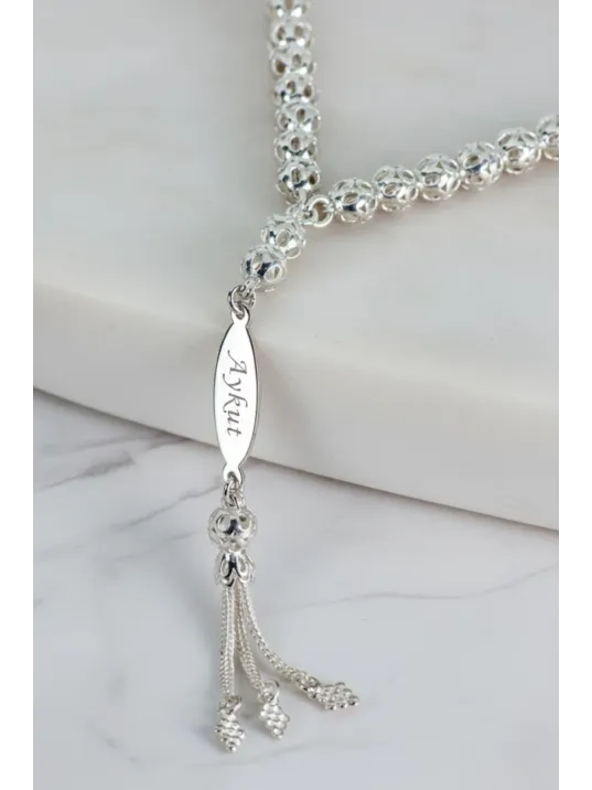 Erkek Gümüş Tespih -Çift Taraflı İsim Yazılabilir Delikli Parlak Küre Kesim Tesbih Bilek Boy