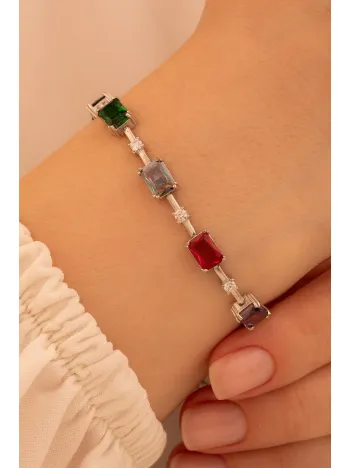 Kadın Gümüş Bileklik - Renkli Baget Taşlı Kare Model Kadın Bileklik