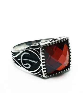 VAV ELİF KIRMIZI ZİRKON GÜMÜŞ ERKEK YÜZÜĞÜ