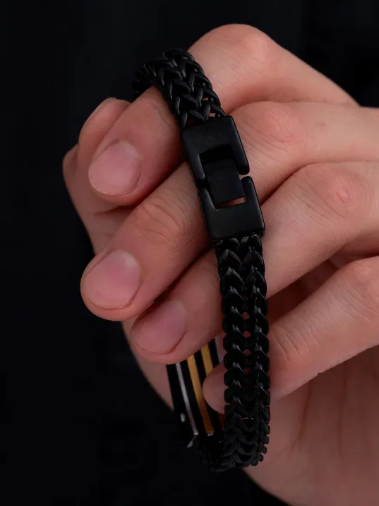 Erkek Çelik Bileklik - Siyah Bukle Model Çift Sıra Örüm Zincir Çelik Bileklik