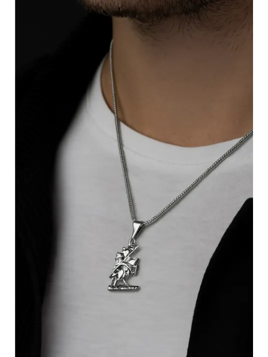 Erkek Gümüş Kolye - Göktürk Suvarisi Model Tilki Kuyruğu Zincir Erkek Gümüş Kolye