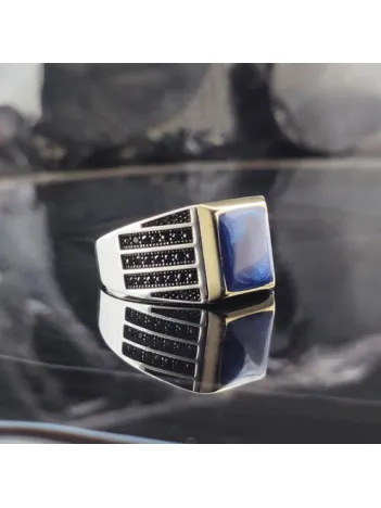 Mikro Taşlı Mavi Mineli Erkek Gümüş Yüzük  GYZGMSGUMSP