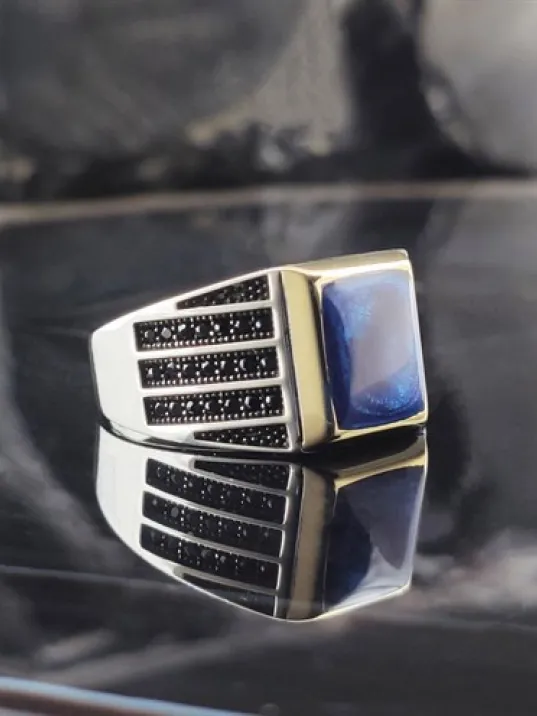 Mikro Taşlı Mavi Mineli Erkek Gümüş Yüzük GYZGMSGUMSP Mikro Taşlı Mavi Mineli Erkek Gümüş Yüzük GYZGMSGUMSP