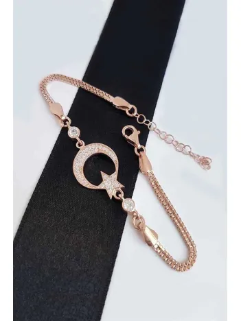 Ay Yıldız Bayan Gümüş Bileklik Zirkon Taşlı Rose