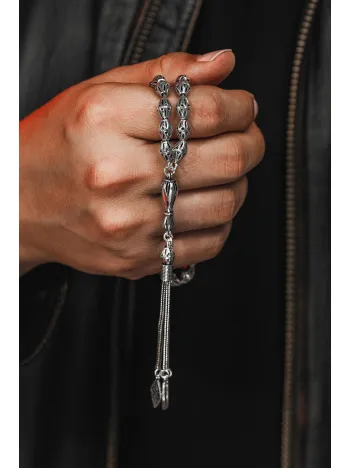 Erkek Tesbih - Güzide Oksitli 925 Ayar Gümüş Erkek Tespih Orta Boy 24gr