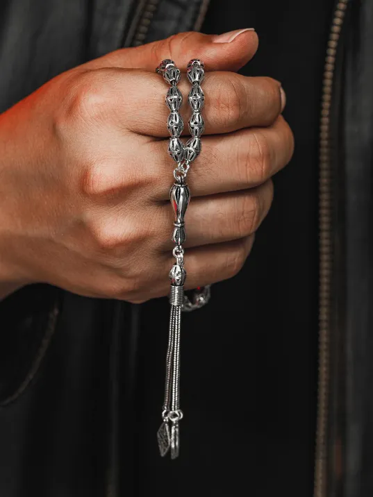 Erkek Tesbih - Güzide Oksitli 925 Ayar Gümüş Erkek Tespih Orta Boy 24gr