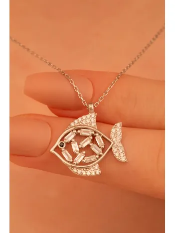 Baget Taşlı Balık Bayan Gümüş Kolye Zincir GKLBEYBALIK-GMS-Gümüş