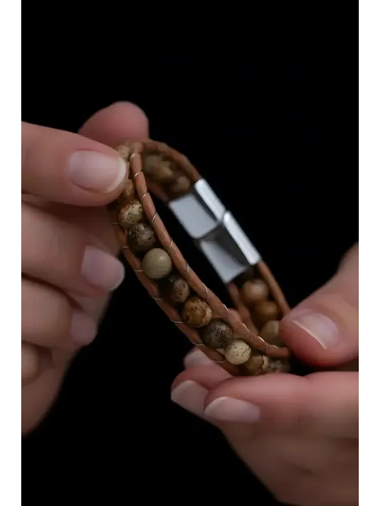 Jasper Doğaltaşlı Kadın Deri Ve Çelik Bileklik