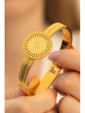 Kadın Bileklik - 22 Ayar Gerçek Altın Kaplama (KARARMAZ) Kadın Kelepçe Yaprak İşlemeli