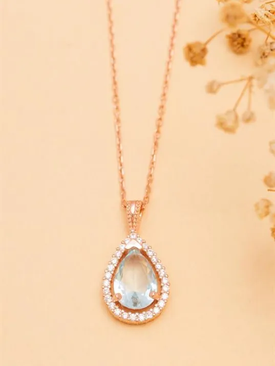 Damla Model Turkuaz Zirkon Taşlı Bayan 925 Ayar Gümüş Kolye GKLDMLAZRCN-ALT