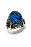 Blue Topaz Aquamarin Taşlı Gümüş Erkek Yüzük