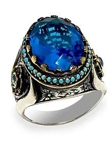 Blue Topaz Aquamarin Taşlı Gümüş Erkek Yüzük