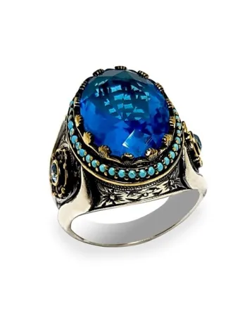 Blue Topaz Aquamarin Taşlı Gümüş Erkek Yüzük