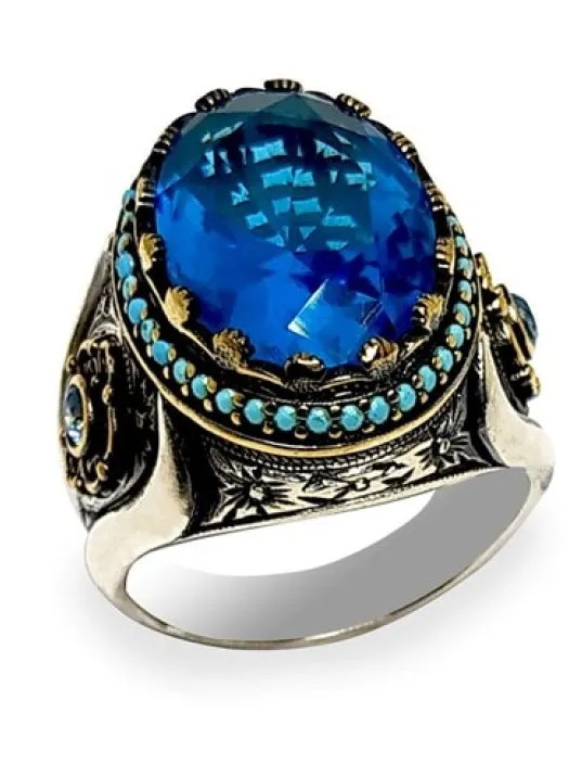 Blue Topaz Aquamarin Taşlı Gümüş Erkek Yüzük
