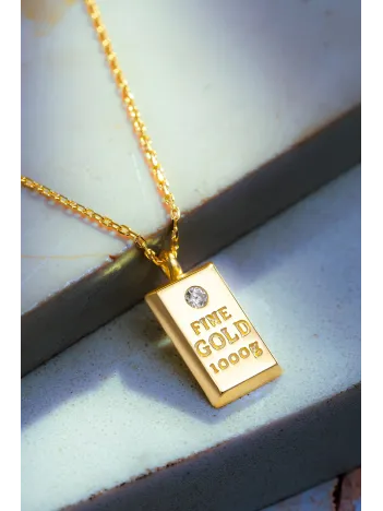 Kadın Gümüş Kolye - 18 Ayar Zirkon Taşlı Altın Gold Kaplama Külçe Model Gümüş Kadın Kolye