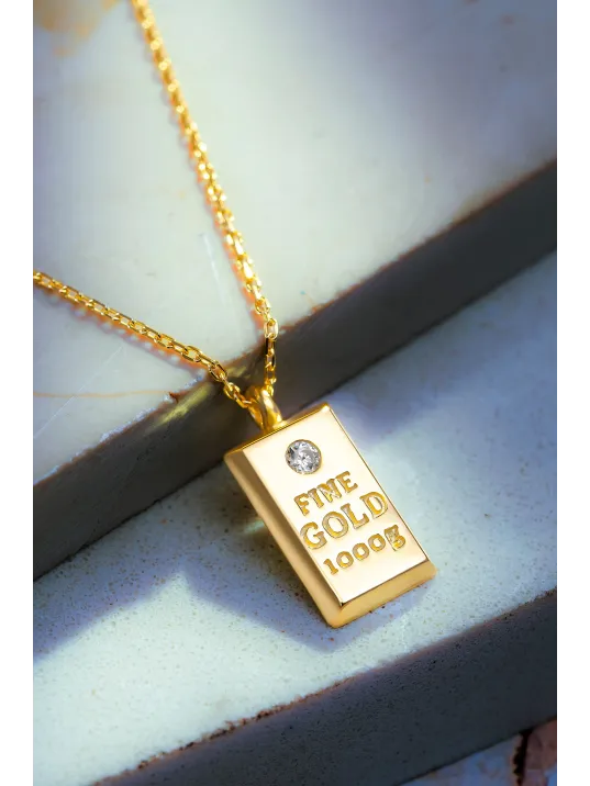 Kadın Gümüş Kolye - 18 Ayar Zirkon Taşlı Altın Gold Kaplama Külçe Model Gümüş Kadın Kolye