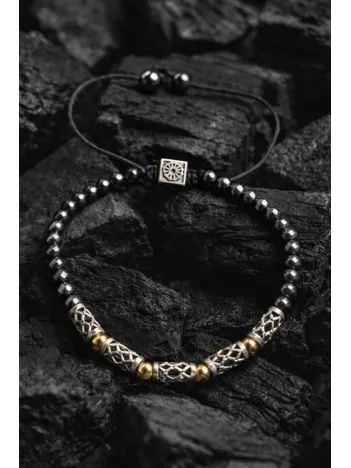 Erkek Çelik Bileklik - Doğal Hematit Taşlı Ayarlanabilir Detaylı Çelik Bileklik