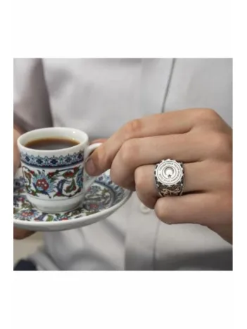 Erkek Gümüş Yüzük - Ay Yıldız İşlemeli 925 Ayar Gümüş Erkek Yüzük