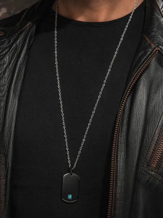 Steel Nova Çelik Erkek Kolye Mavi Zirkon Taşlı Siyah Künye Kararmaz