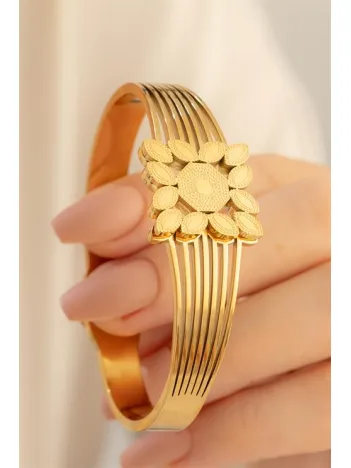 Kadın Bileklik - 22 Ayar Gerçek Altın Kaplama(kararmaz) Çok Sıra Yaprak Model Çelik Bileklik