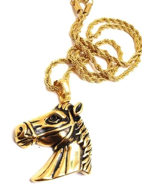 At Kafası Çelik Erkek Kolye Zincir Altın Rengi