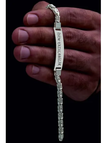 Erkek Gümüş Bileklik - İsim Yazılabilir 4.5 mm Kalın Beyaz Kare Kral Gümüş Bileklik