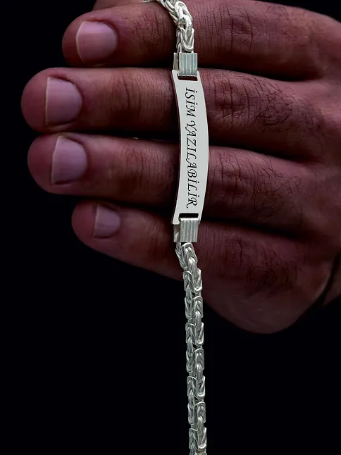 Erkek Gümüş Bileklik - İsim Yazılabilir 4.5 mm Kalın Beyaz Kare Kral Gümüş Bileklik