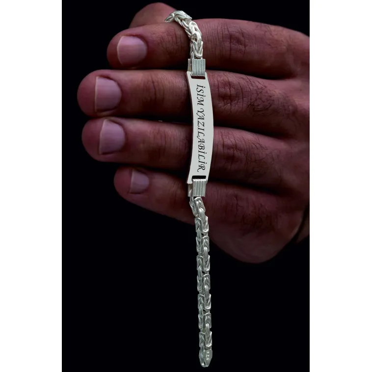 Erkek Gümüş Bileklik - İsim Yazılabilir 4.5 mm Kalın Beyaz Kare Kral Gümüş Bileklik Erkek Gümüş Bileklik - İsim Yazılabilir 4.5 mm Kalın Beyaz Kare Kral Gümüş Bileklik