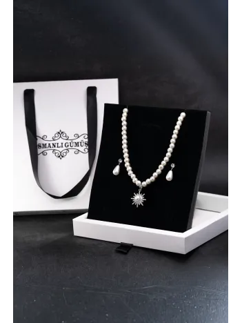 Kadın İnci Kolye Küpe Set - Solara Model Çiçek Motifli Kadın İnci Set