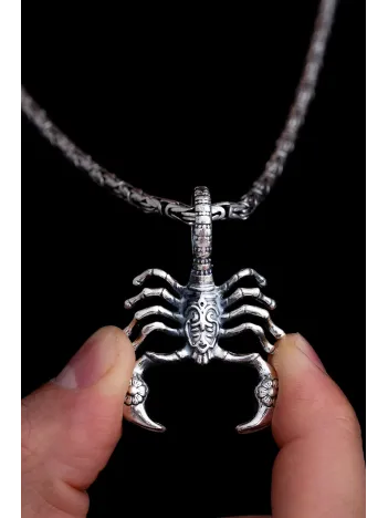 Akrep Erkek Gümüş Kolye - Gümüş Kral Zincirli Akrep Figürlü Erkek Kolye