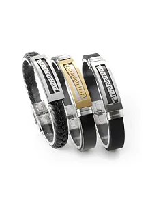 Grek Desenli Deri Kauçuk Çelik Erkek Bileklik