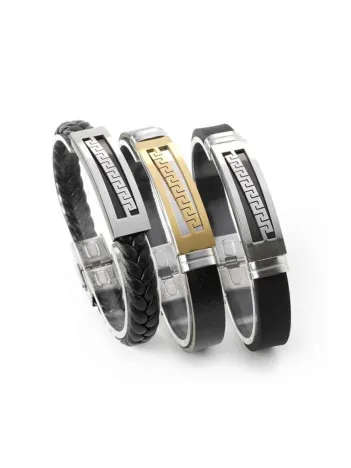 Grek Desenli Deri Kauçuk Çelik Erkek Bileklik
