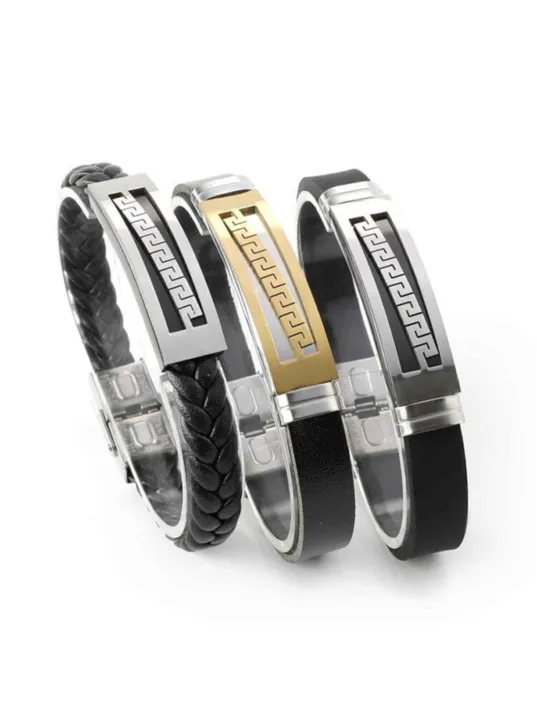 Grek Desenli Deri Kauçuk Çelik Erkek Bileklik