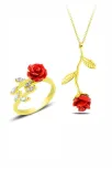 Gül Motifli Altın Renk Gümüş Kadın Kolye Ve Yüzük Set