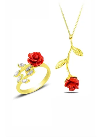 Gül Motifli Altın Renk Gümüş Kadın Kolye Ve Yüzük Set