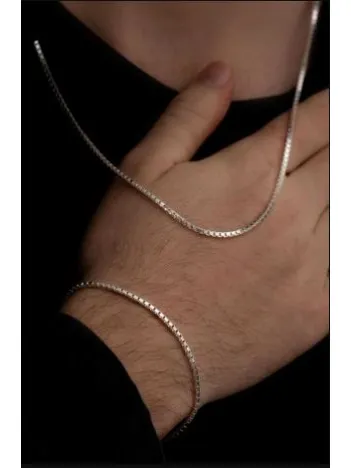 Erkek Gümüş Kolye Bileklik Set - 925 Ayar Küp Zincir Gümüş Set 2mm