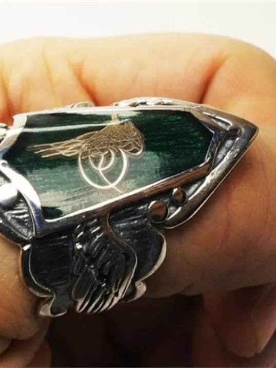 Osmanlı Tuğralı Yeşil Mineli Gümüş Erkek Zihgir Yüzük