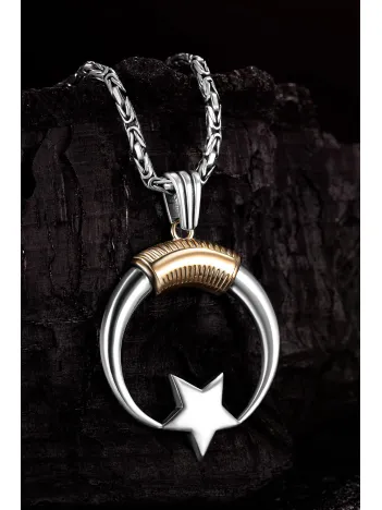 Erkek Gümüş Kolye - Hilal Ay Yıldız Motifli Kral Zincirli Erkek Kolye