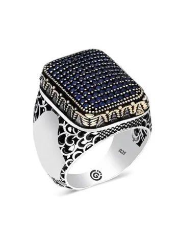 Heded Lacivert Zirkon Taşlı Yanı İşli Özel Seri Erkek Gümüş Yüzük