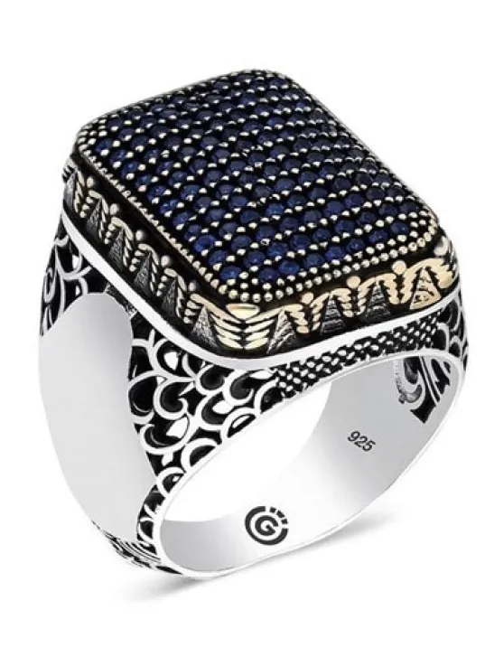 Heded Lacivert Zirkon Taşlı Yanı İşli Özel Seri Erkek Gümüş Yüzük
