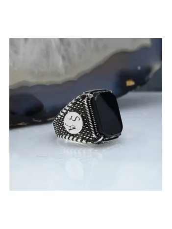 Erkek Gümüş Yüzük - Harf Yazılabilir Oniks Taşlı Erkek Yüzük