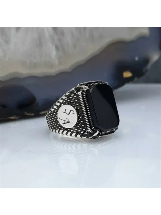 Erkek Gümüş Yüzük - Harf Yazılabilir Oniks Taşlı Erkek Yüzük