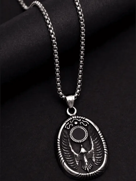 Erkek Kolye - Antik Mısır Horusun Gözü Ve Şahin Kabartmalı Siyah Taşlı Çelik Erkek Kolye