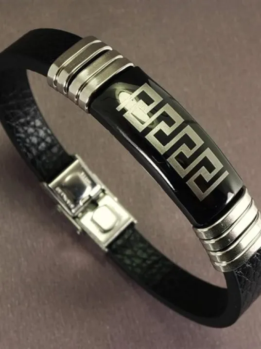 OttoMan Grek Motifli Suni Deri Çelik Erkek Bileklik