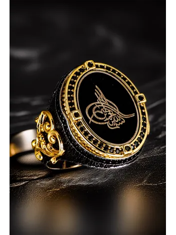 Erkek Altın Kaplama Osmanlı Tuğra İşlemeli Yanı Kalp Model 925 Ayar Gümüş Yüzük